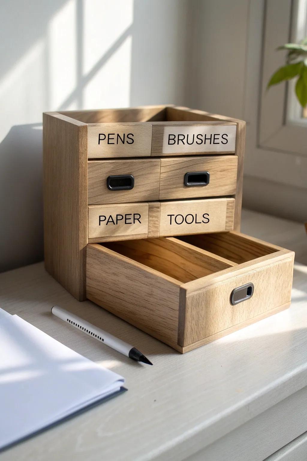 Calm, minimalist labels on wood drawers so every tool has a home—and cleanup takes minutes.