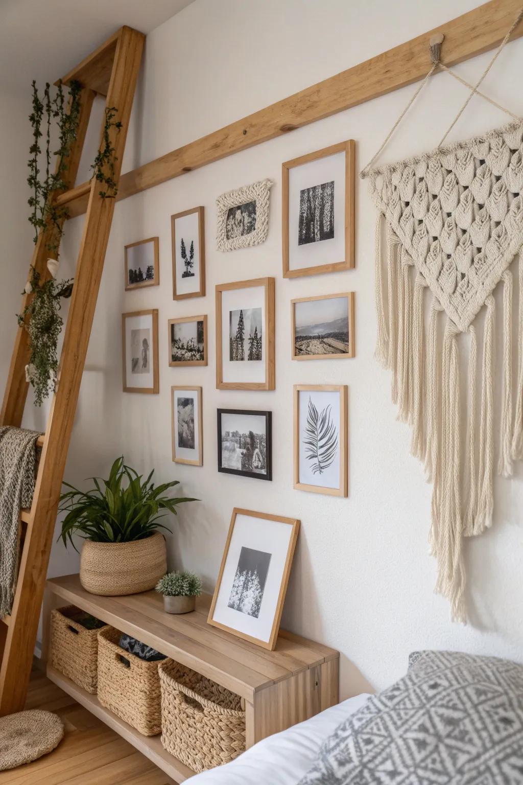 Create your personal gallery: A minimalist photo wall with a boho twist, perfect for cherished memories.