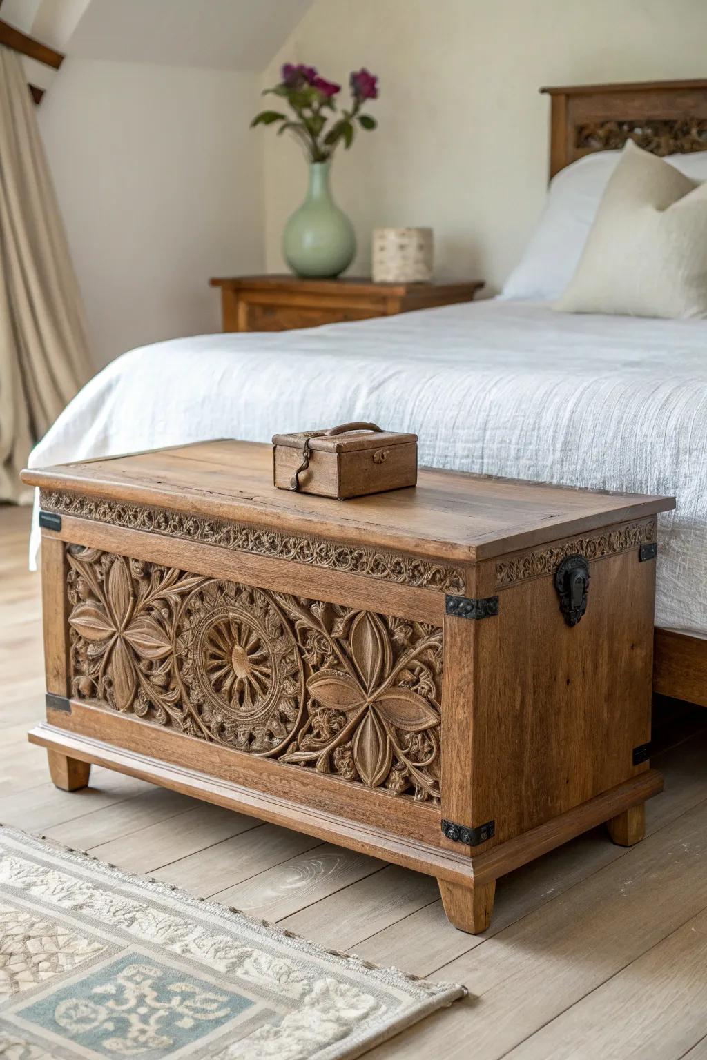 A carved wood chest brings Asian calm and timeless craftsmanship to the foot of the bed.