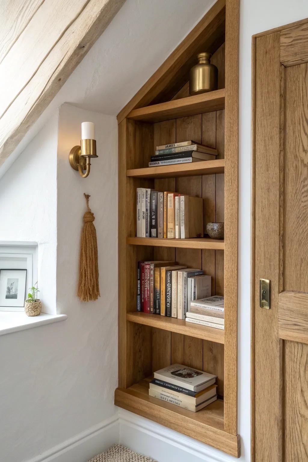 Turn a dormer nook into a mini attic library with slim oak shelving and warm sconce light.