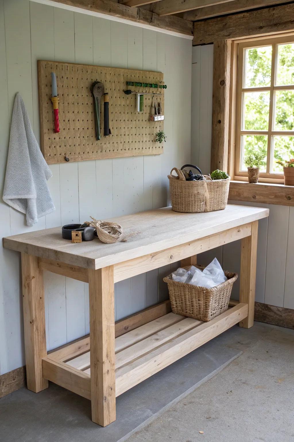 A slim oak workbench corner that keeps your ATV shed tidy and ready for quick tune-ups.