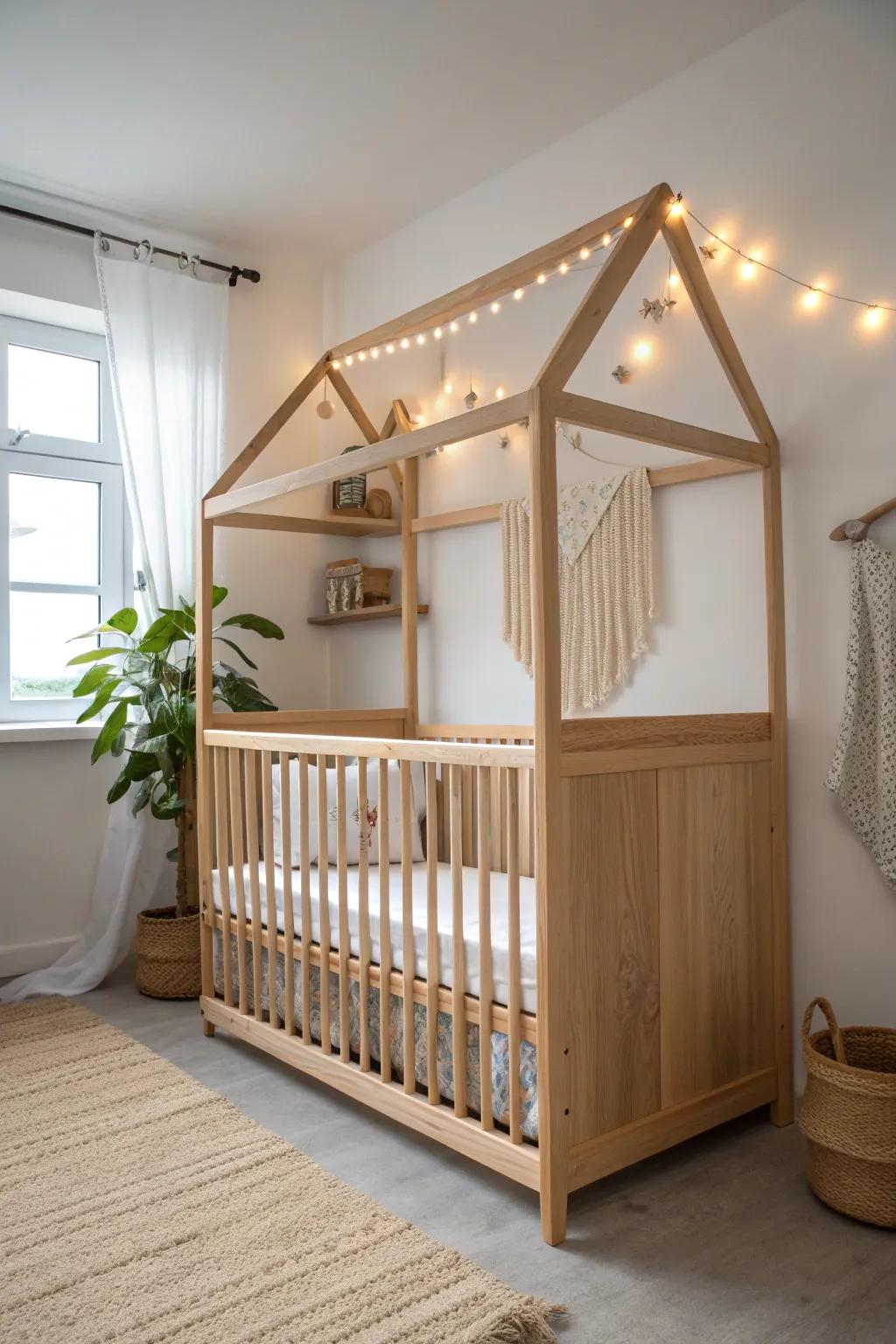 A warm halo of string lights turns the crib corner into a calm, cozy nighttime nook.