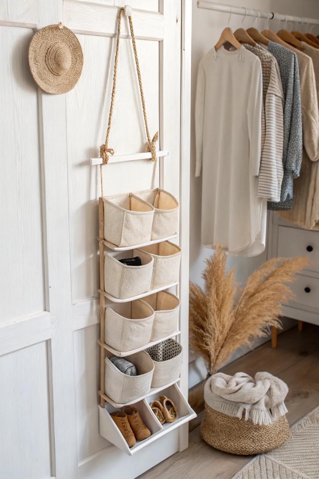 Light oak hanging cubbies that keep baby shoes tidy—space-saving, soft, and beautifully minimal.