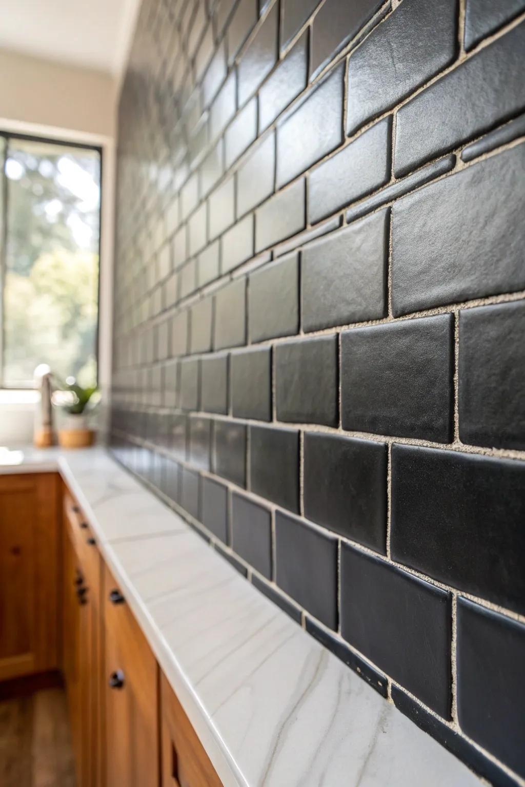 Matte black textured tile pops against cherry cabinets—bright counters keep it light and luxe.