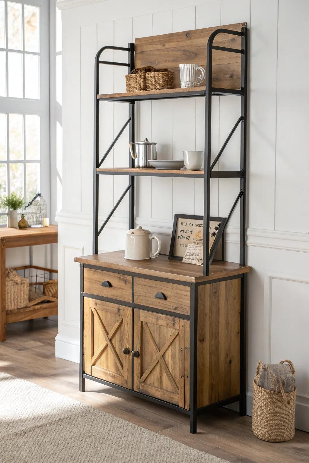 Reclaimed wood back panel turns a baker’s rack coffee bar into a warm, built-in look.