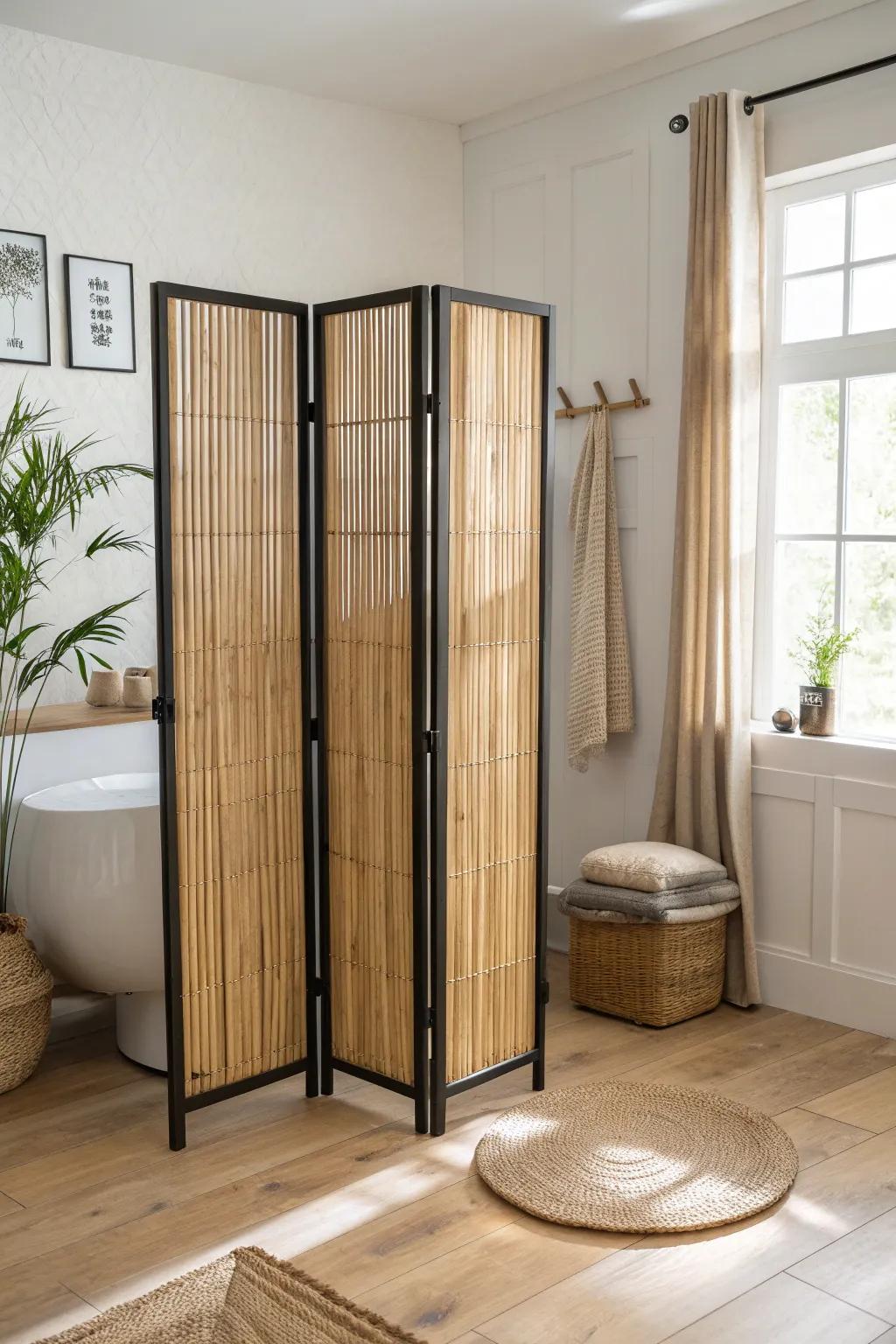Vertical bamboo poles as a light-filtering room divider—spa-like privacy with airy brightness.