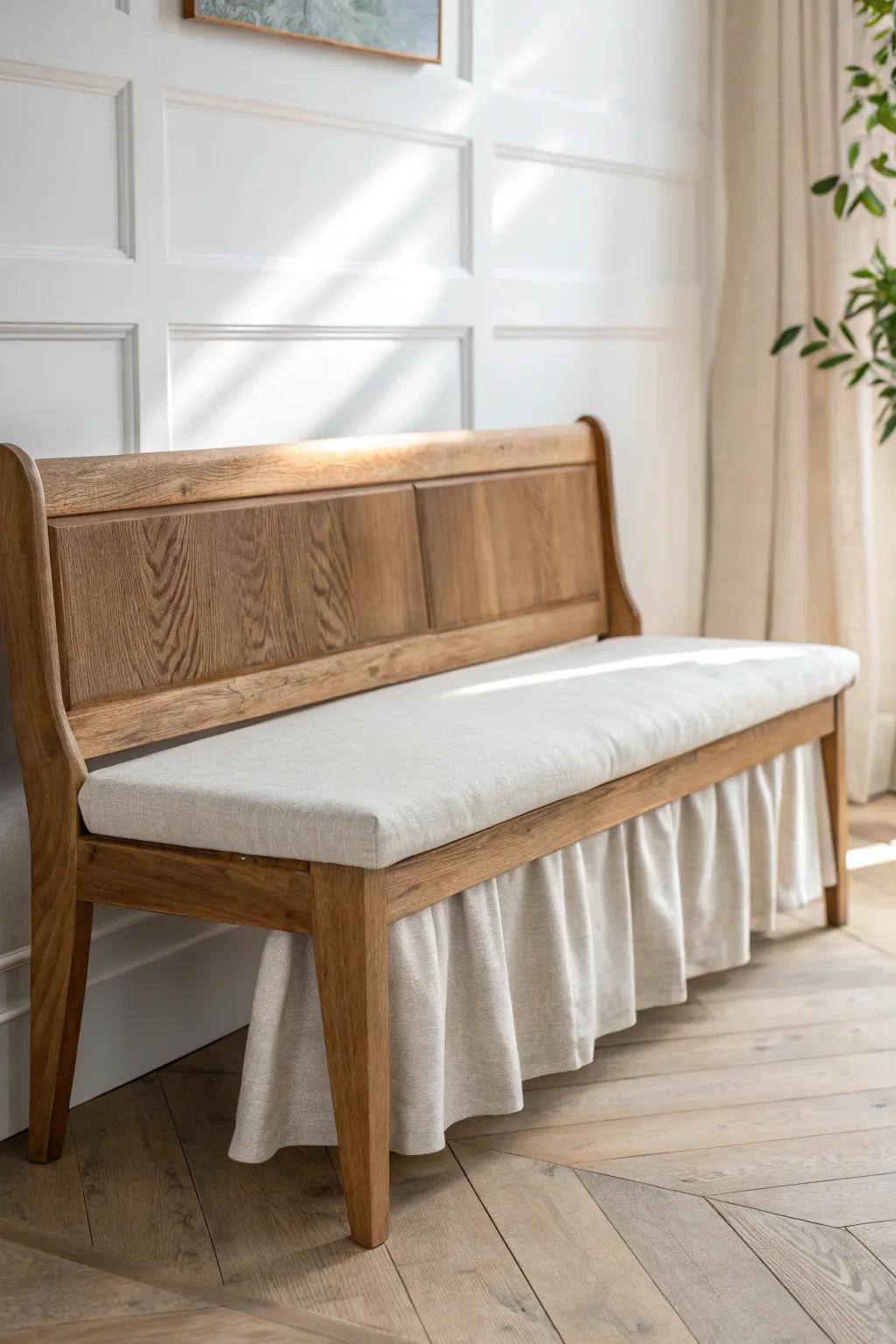 Skirted banquette charm: hide scuffs, add softness, and keep the craftsmanship beautifully strong.