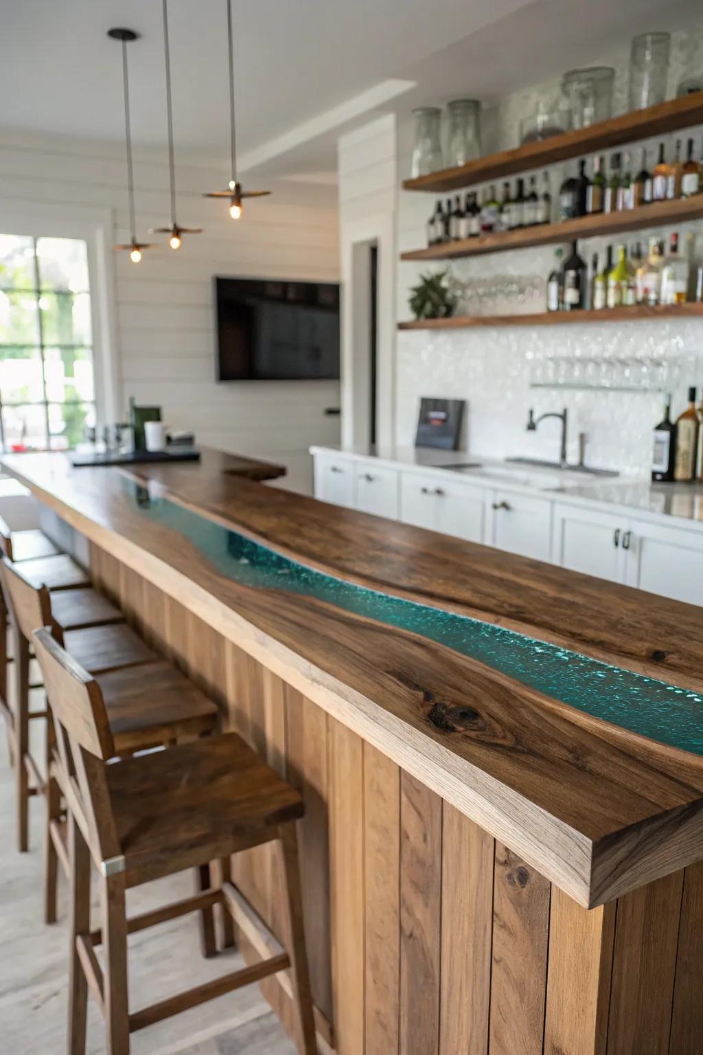 Glossy epoxy river channel meets warm walnut—an elegant, dramatic bar top centerpiece.