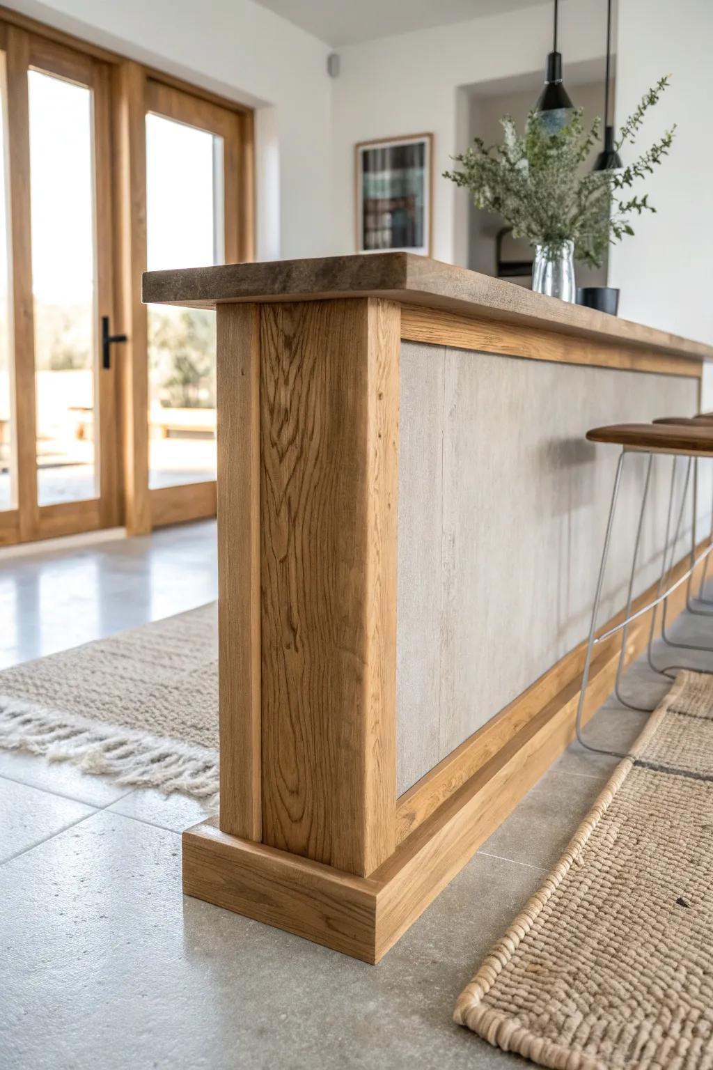 Polished concrete, warmed up: a chunky oak foot rail adds cozy bar character.