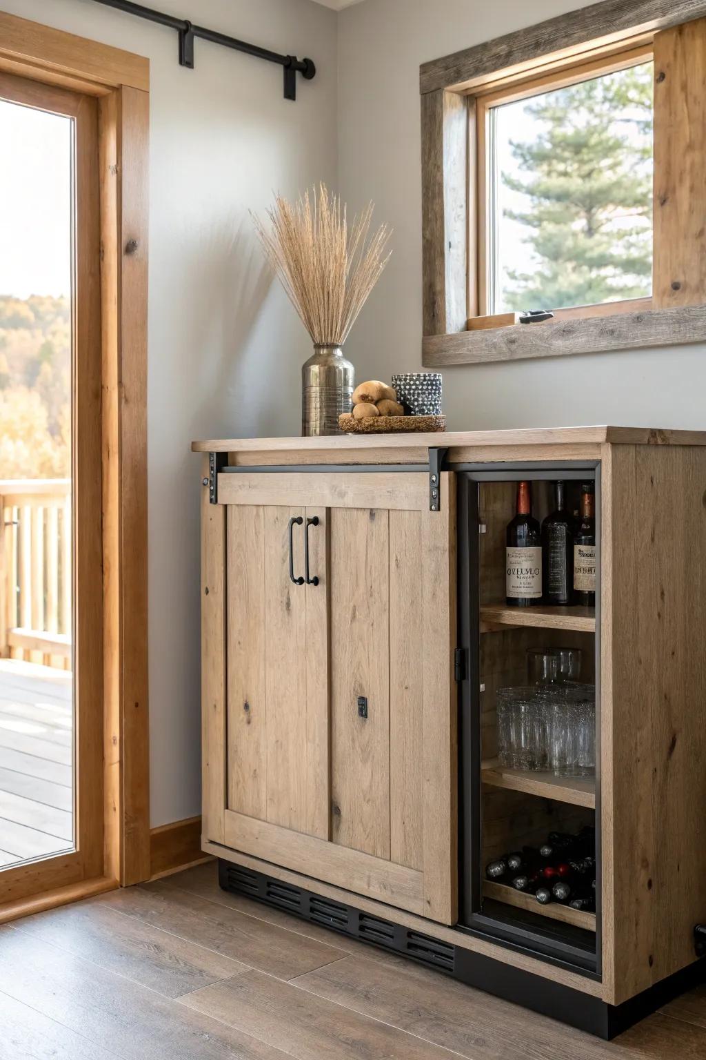 A sliding reclaimed-wood barn door hides a minimalist bar station with warm, rustic character.
