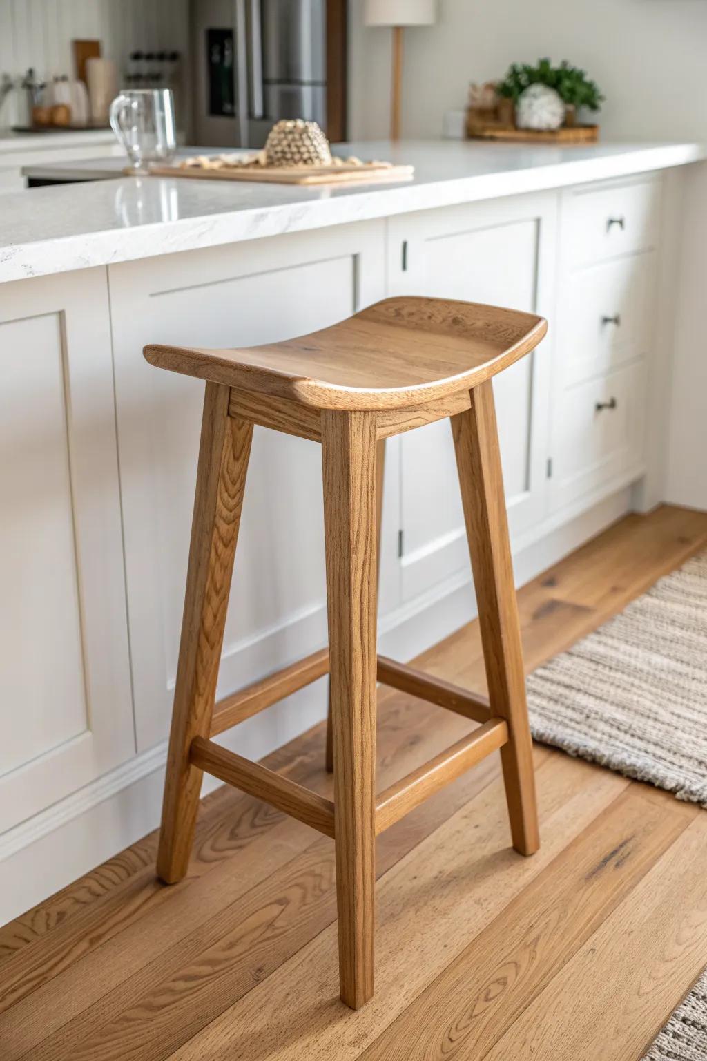 Hand-carved saddle-seat stool in warm oak—sculptural comfort for a bright white kitchen.