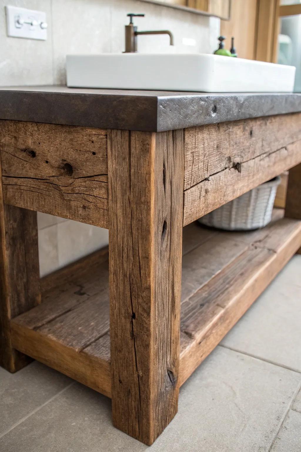 Reclaimed barn beam vanity base brings rustic warmth and Scandinavian calm to a spa-like bath.
