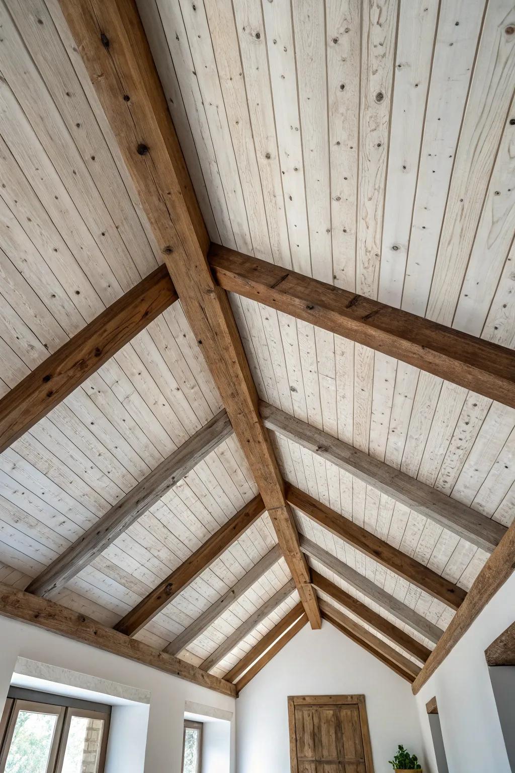 Light planks + dark beams bring instant depth—like a natural frame for an airy open room.