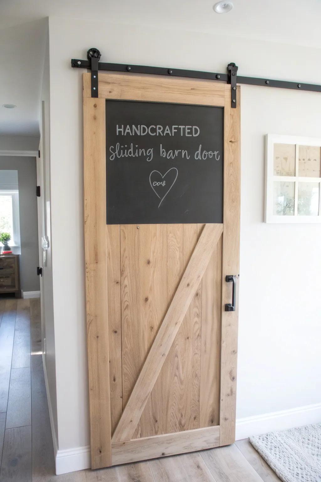Chalkboard barn door in pale oak—minimalist, warm, and perfect for daily notes & reminders.