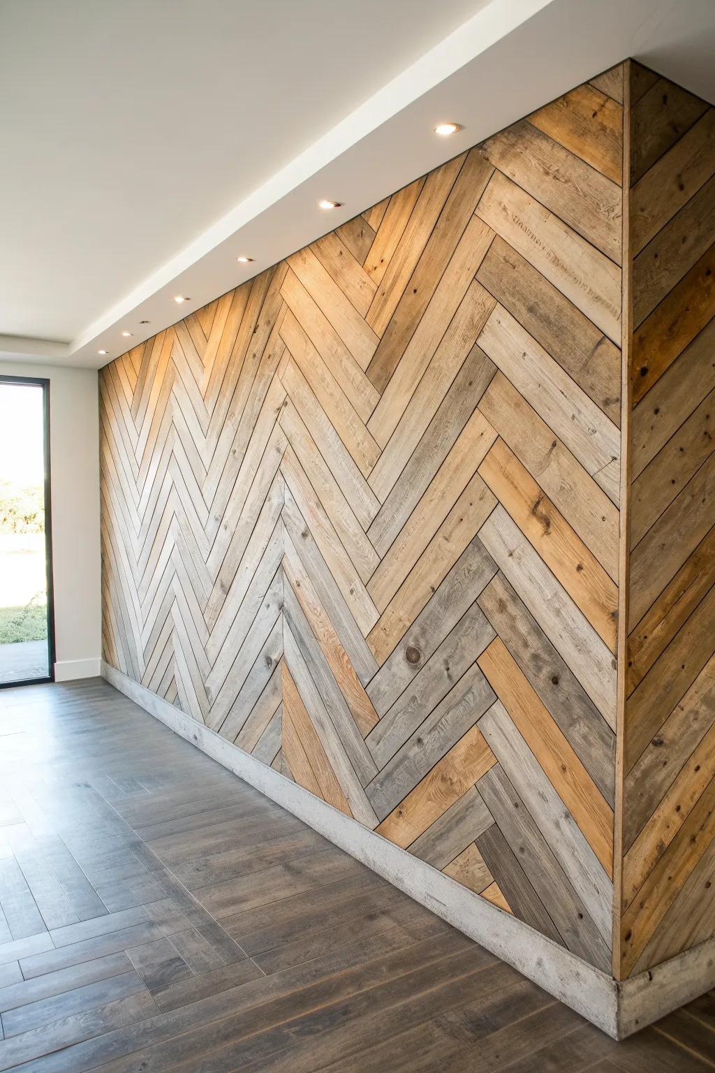 Rustic meets refined: a barn wood herringbone wall that warms up minimalist spaces beautifully.