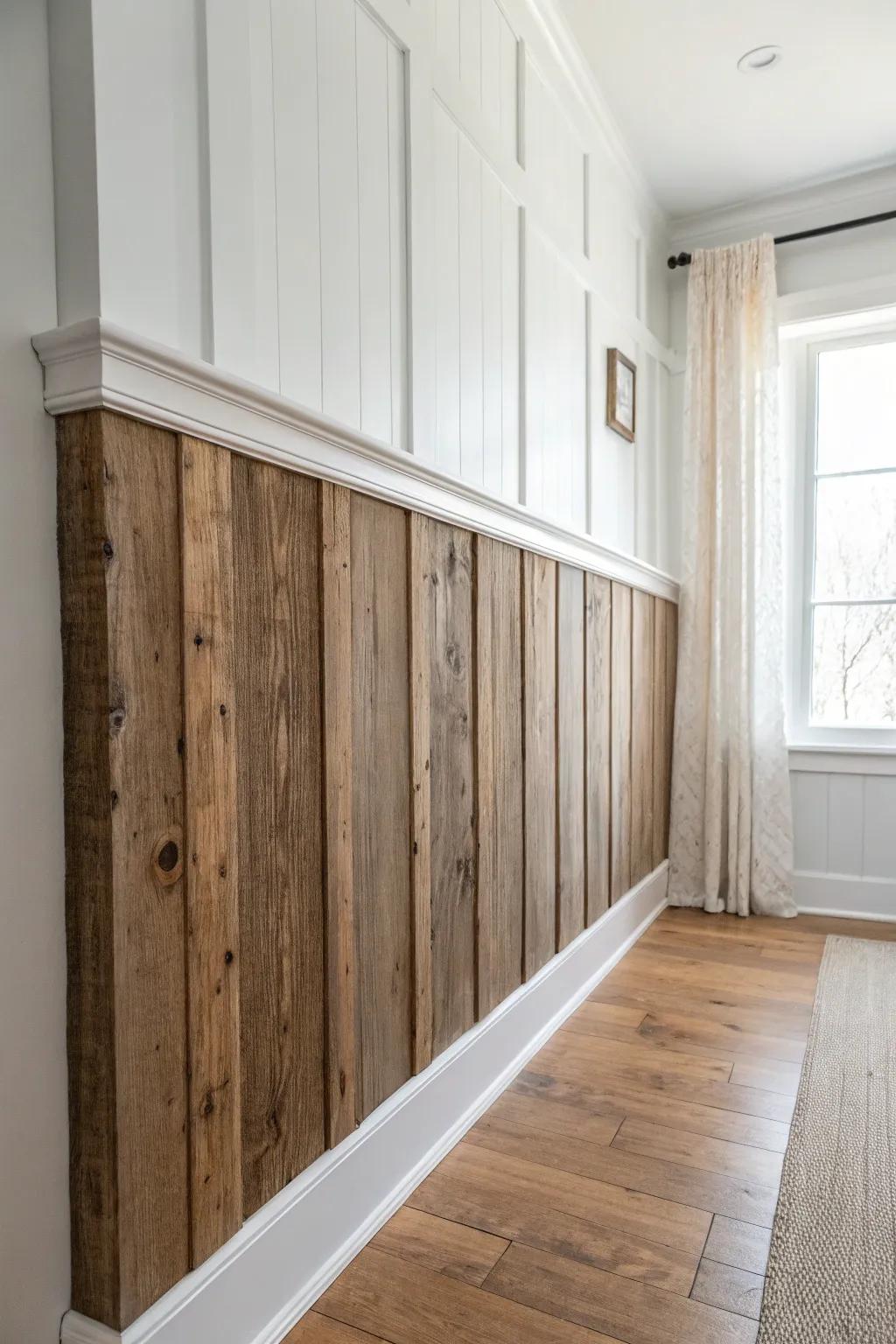 Reclaimed barn wood wainscoting adds cozy texture and hides scuffs with effortless character.