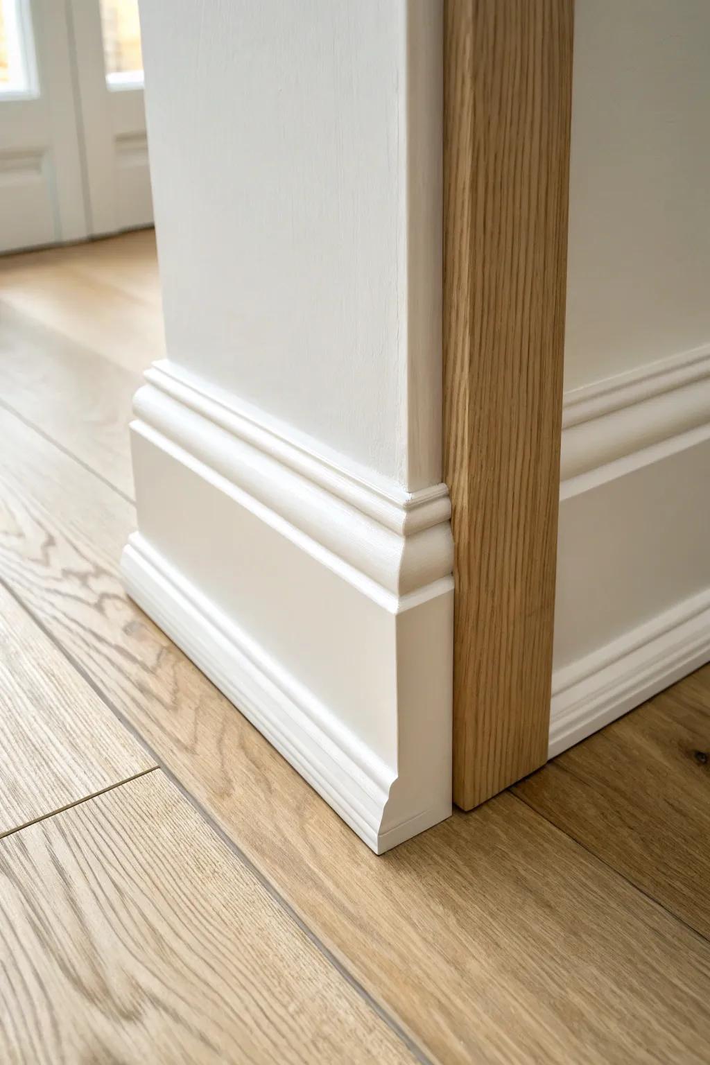 Layered base trim: flat board + cap molding for a thick, high-end look on a budget.