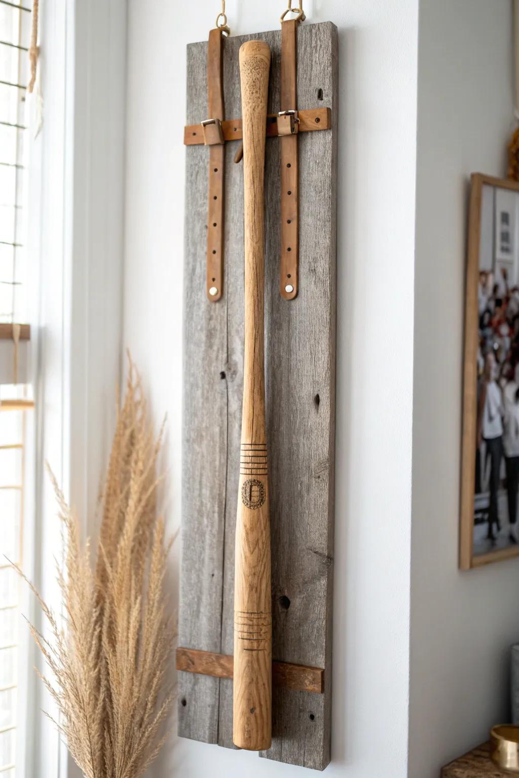 Vintage bat, barnwood backer, and leather straps—an easy rustic display with modern contrast.