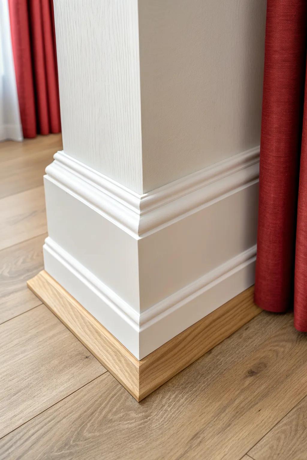 A crisp shadow-line gap above upside-down baseboard crown for a modern, designed finish.
