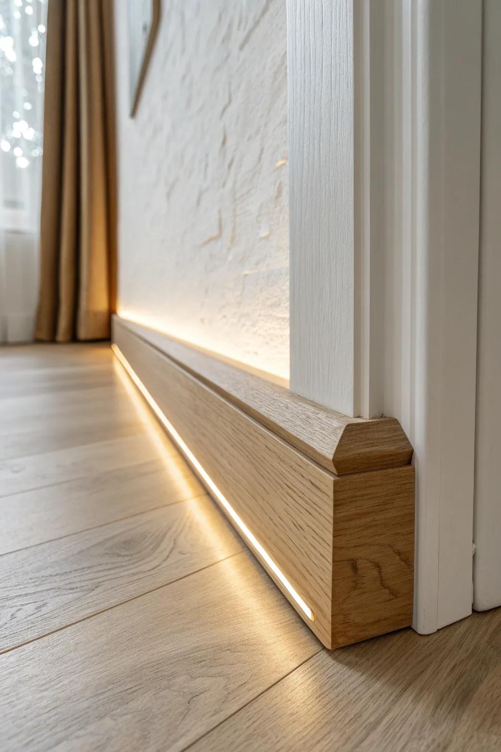 Dotless baseboard glow with a deep frosted diffuser—smooth, seamless light and clean lines.