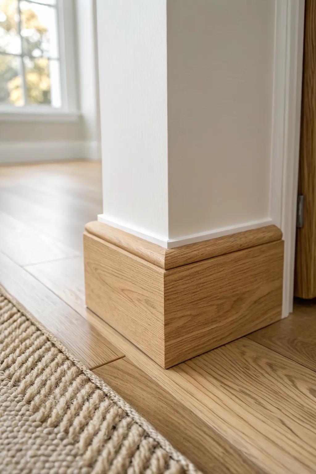 Crisp wrap-around baseboard returns that make bump-out corners look intentional and built-in.