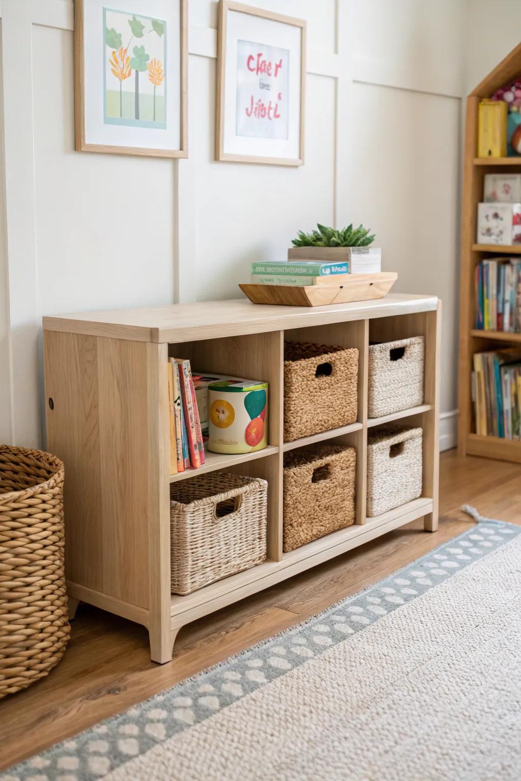 Low cubby bookshelf with woven baskets—kid-friendly basement playroom storage, beautifully simple.