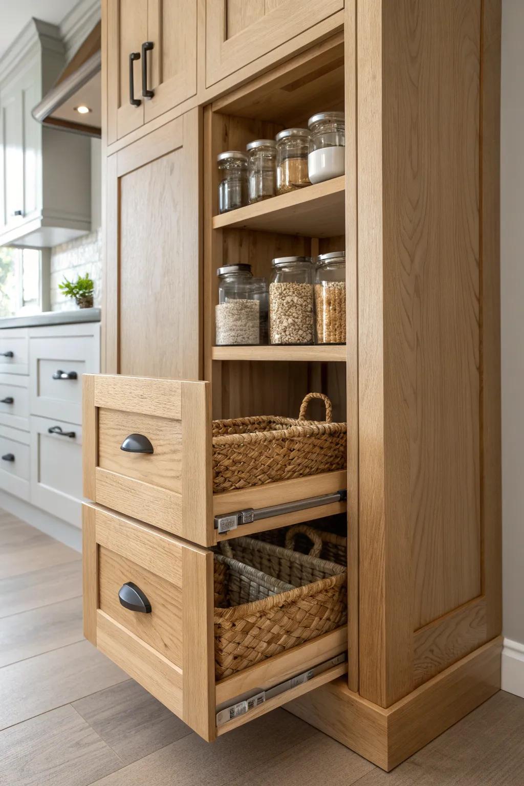 A tall pull-out pantry keeps basement snacks visible, tidy, and easy to grab in one smooth slide.