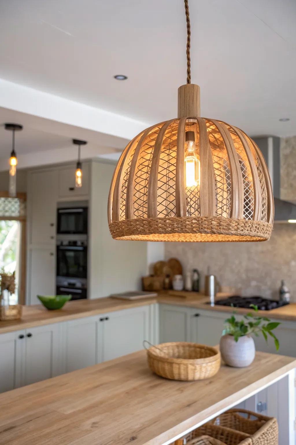 Warm pendant lighting turns a simple basement island bar into a cozy, defined destination.
