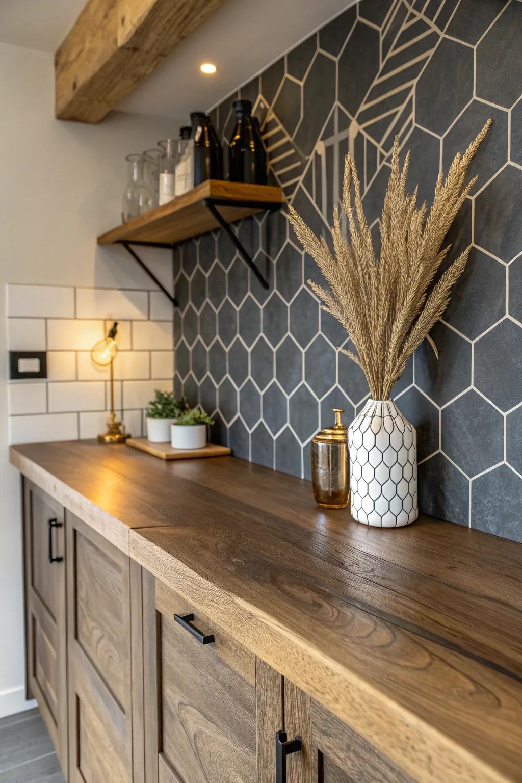 Bold charcoal tile + warm oak turns a basement bar into a designed, cozy statement.