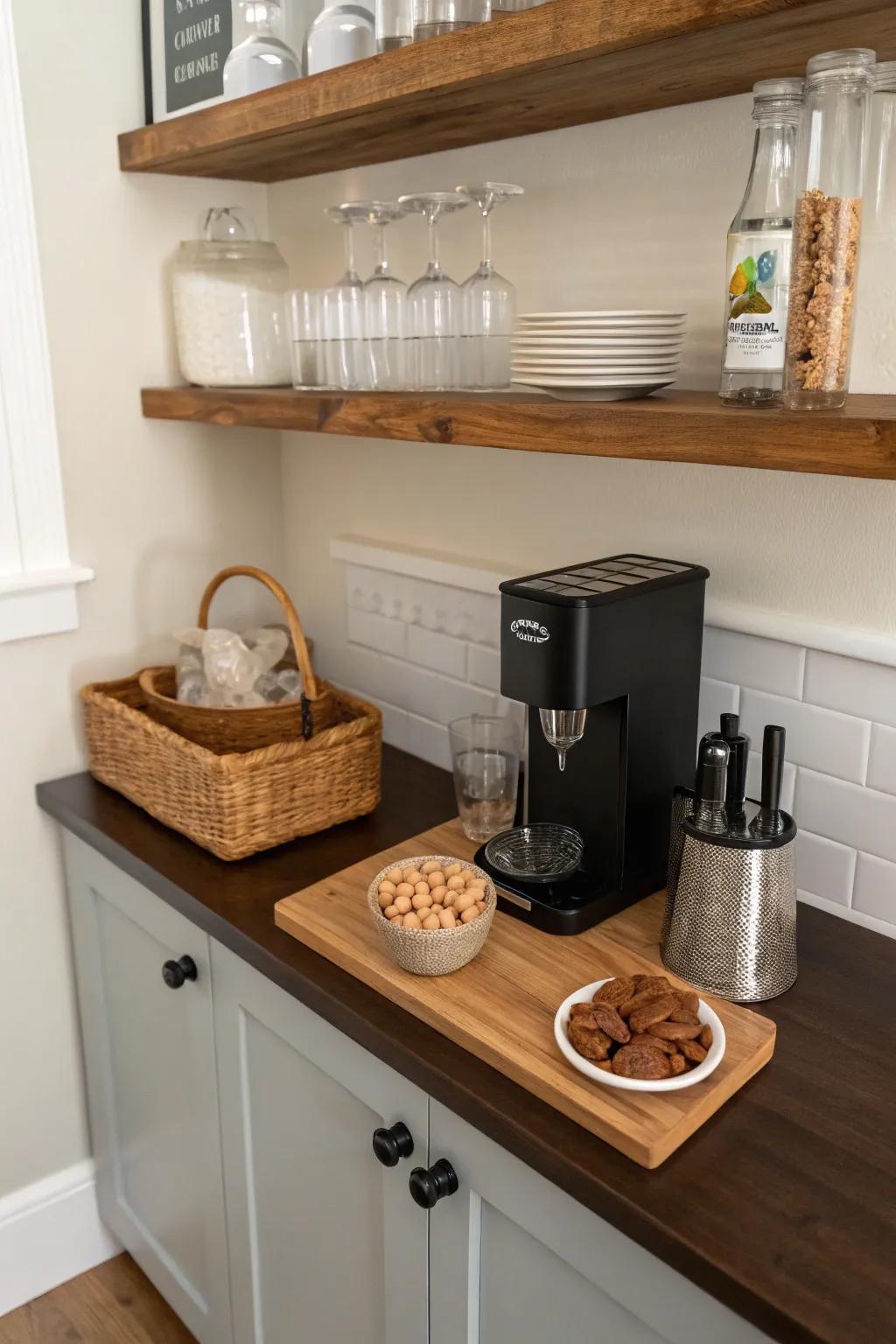 A basement mini café: butcher-block counter, sleek shelves, and a cozy snack-and-sip setup.