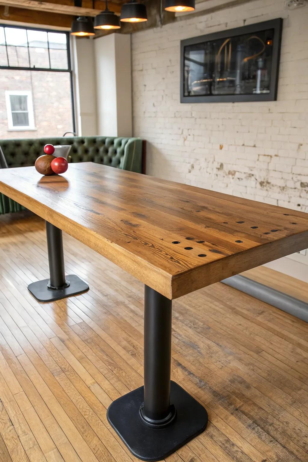 A forever bar-height table from a reclaimed bowling lane slab—bold grain, minimal base, cozy vibe.