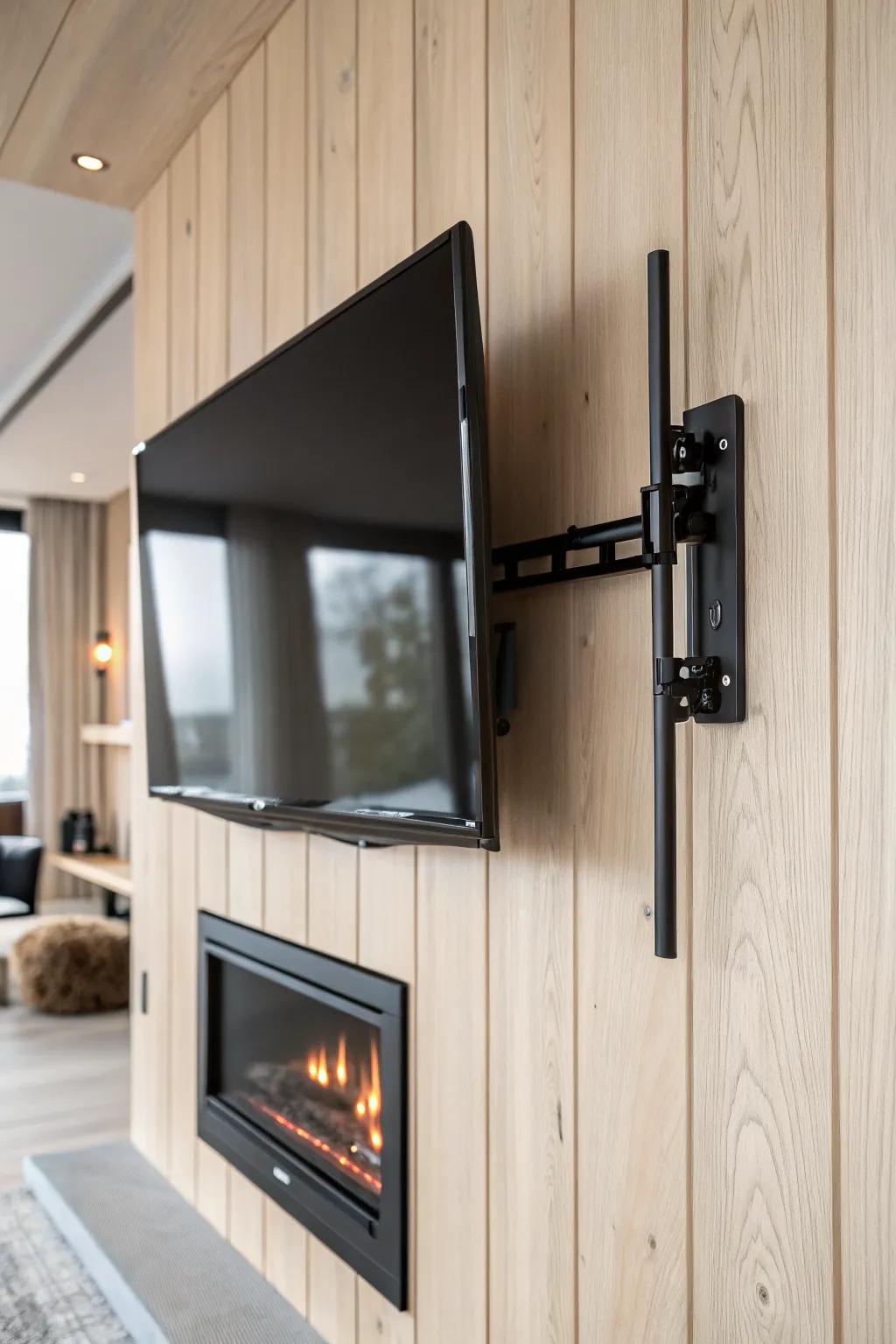 Angled TV mount on light oak slats—ideal for off-center fireplaces in a cozy basement wall.