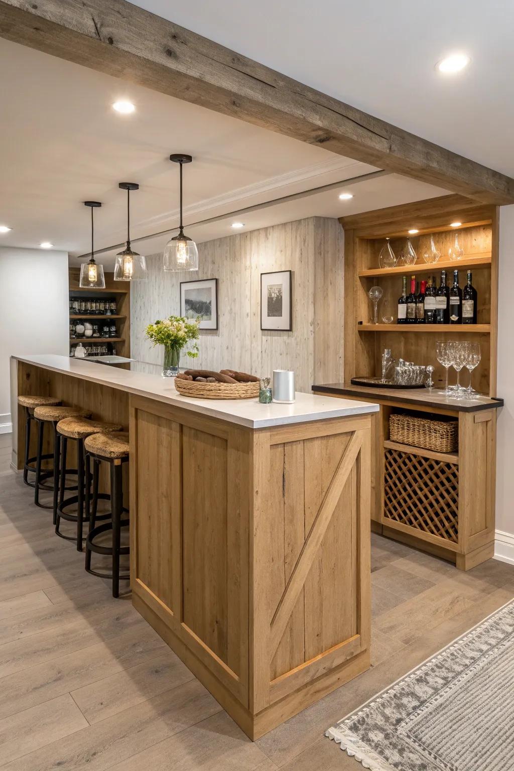 A cozy peninsula wine bar that keeps you facing guests—warm oak, chunky corbels, clean lines.