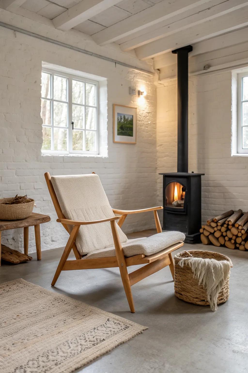 Angle one airy oak chair toward the glowing wood stove for an instant cozy basement retreat.