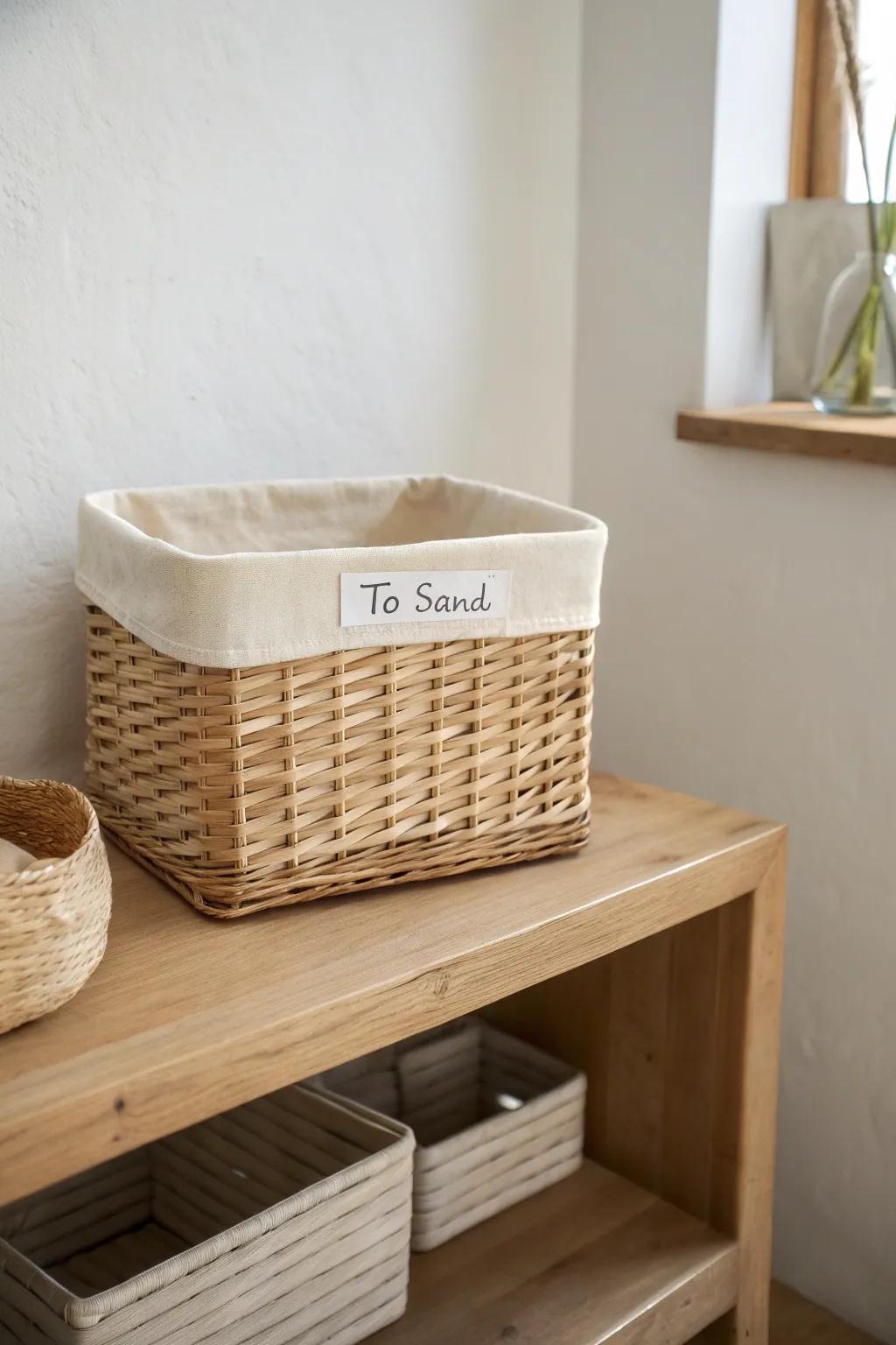 File-style rattan basket with “to sand” label—keeps mail and project notes tidy on shelves.