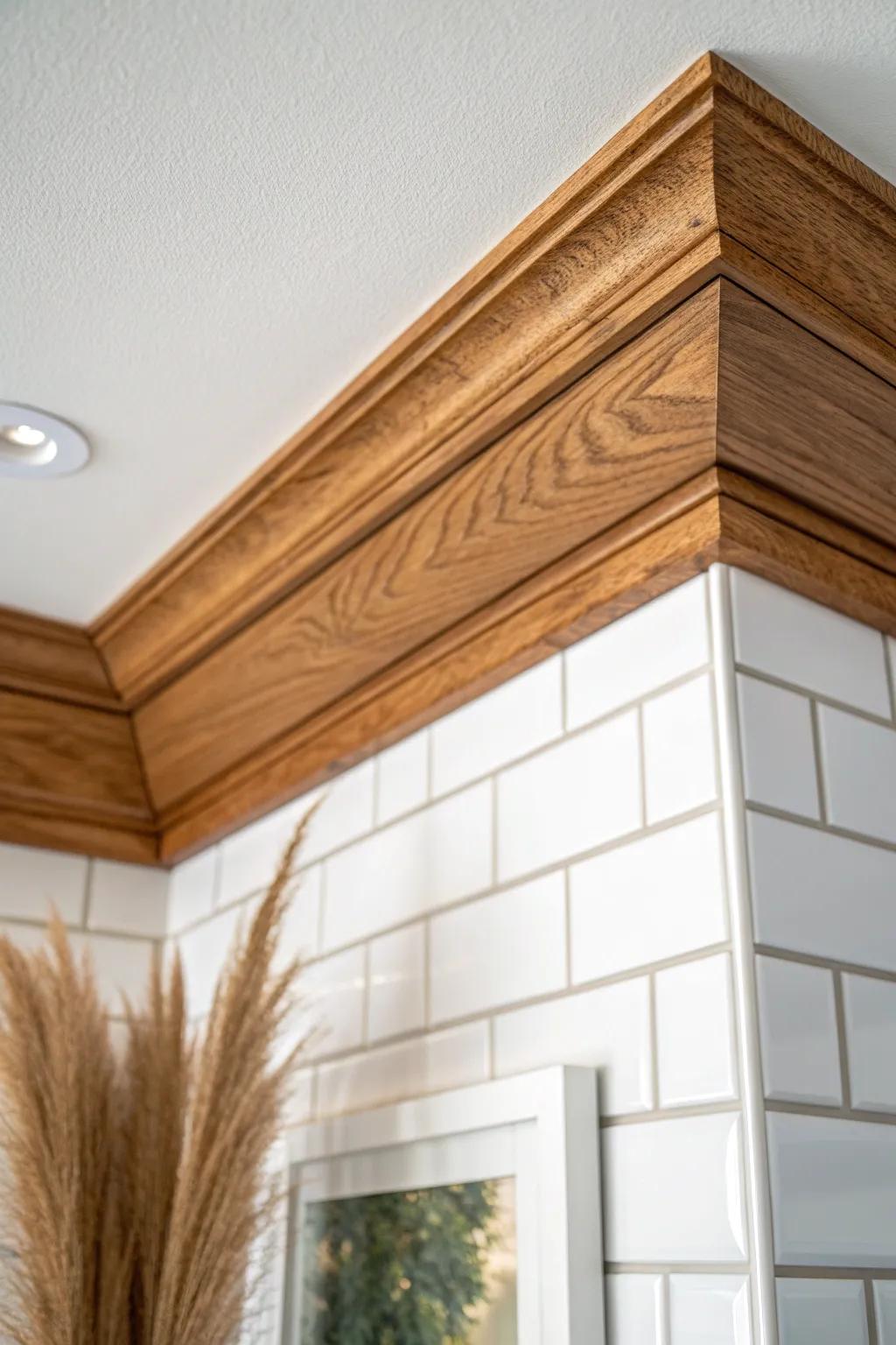 Warm stained wood crown molding adds cozy contrast to cool tile—sealed for steamy bathrooms.