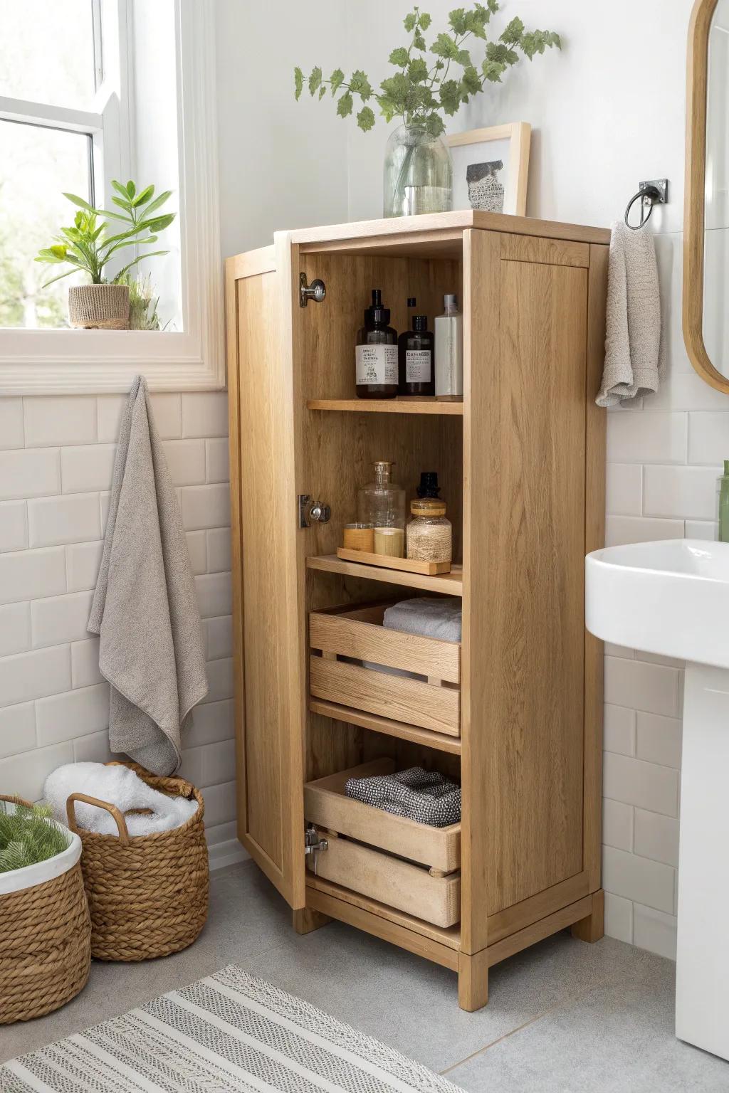 Pull-out trays turn a tricky corner cabinet into easy, one-hand storage with warm oak simplicity.