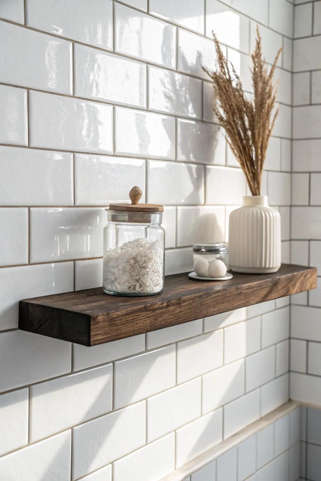 Dark walnut floating shelf on white tile—minimal, high-contrast styling with simple glass jars.