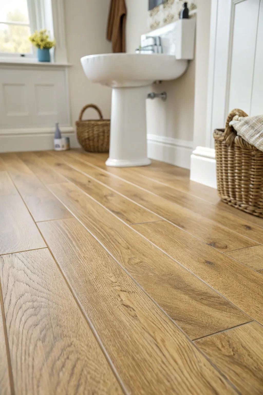 Micro‑beveled laminate creates real‑plank depth—beautifully believable in a bright, minimal bathroom.