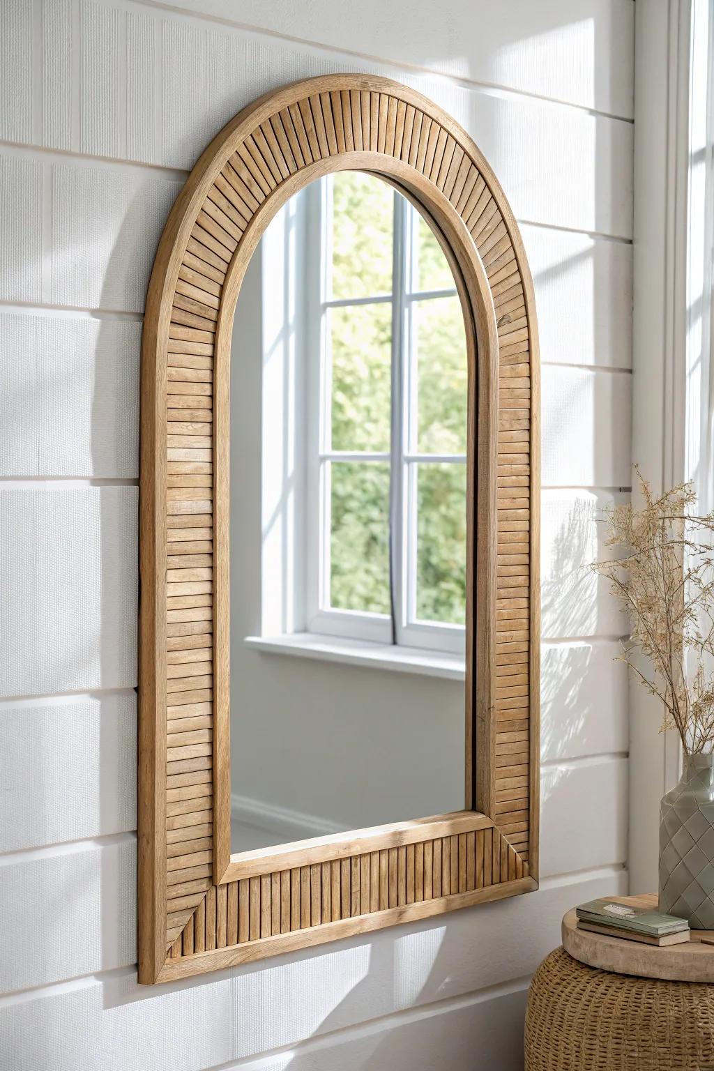 Beadboard texture turns a simple mirror into cottage-chic custom millwork—soft and timeless.