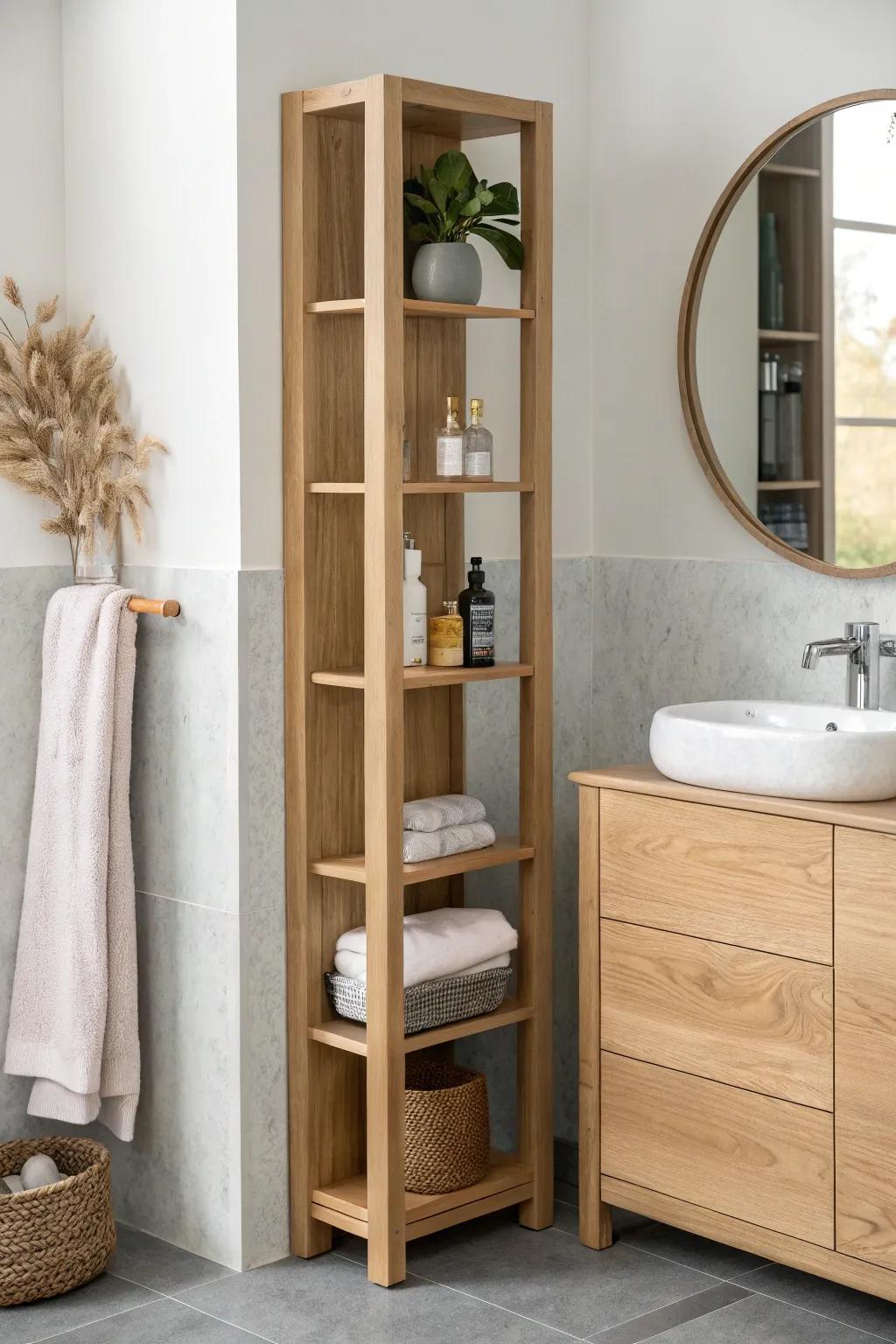 Slim side-mounted vanity shelf tower—extra storage with clean lines and warm oak charm.