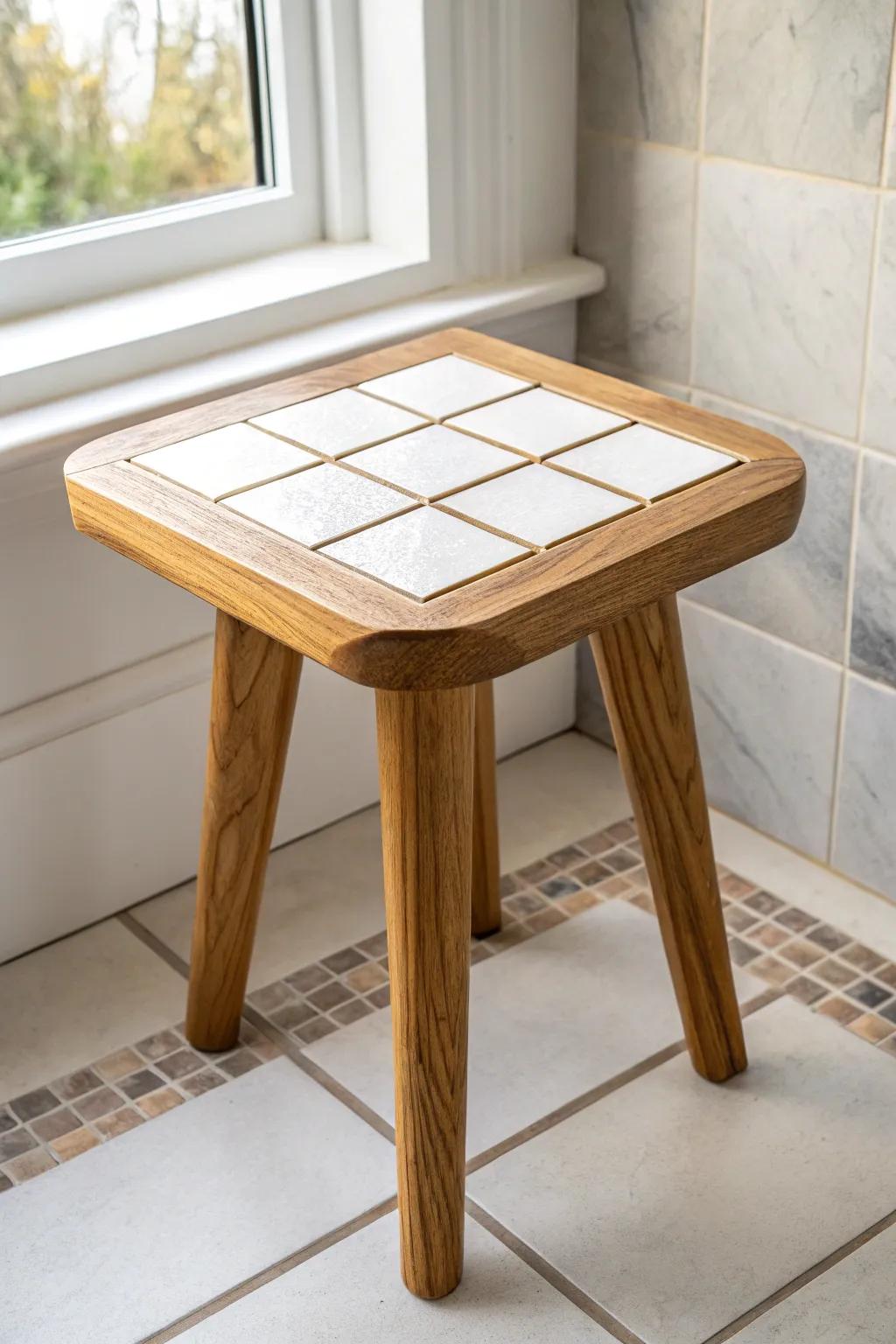 A tile-top bathroom stool: warm wood charm with an easy-wipe surface for daily use.