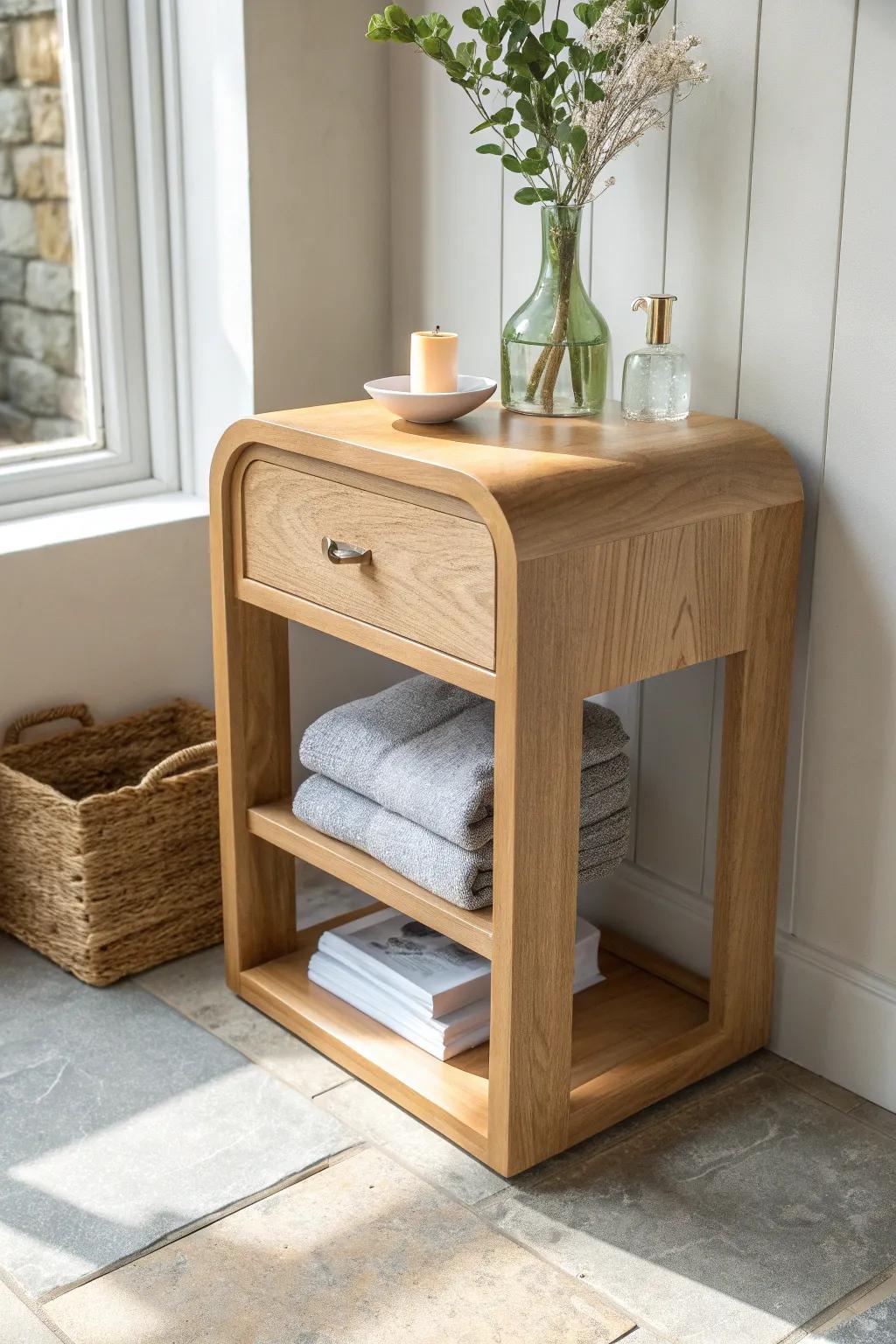 A sleek oak wraparound side table that hides pipes and turns awkward corners into style.