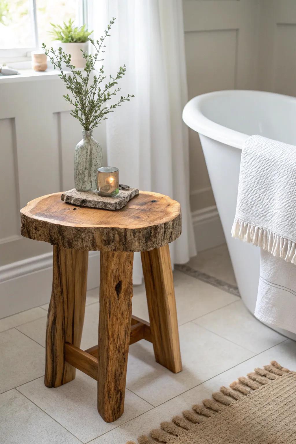 Live-edge bathroom side table with a glossy seal—warm wood grain and water-bead shine.