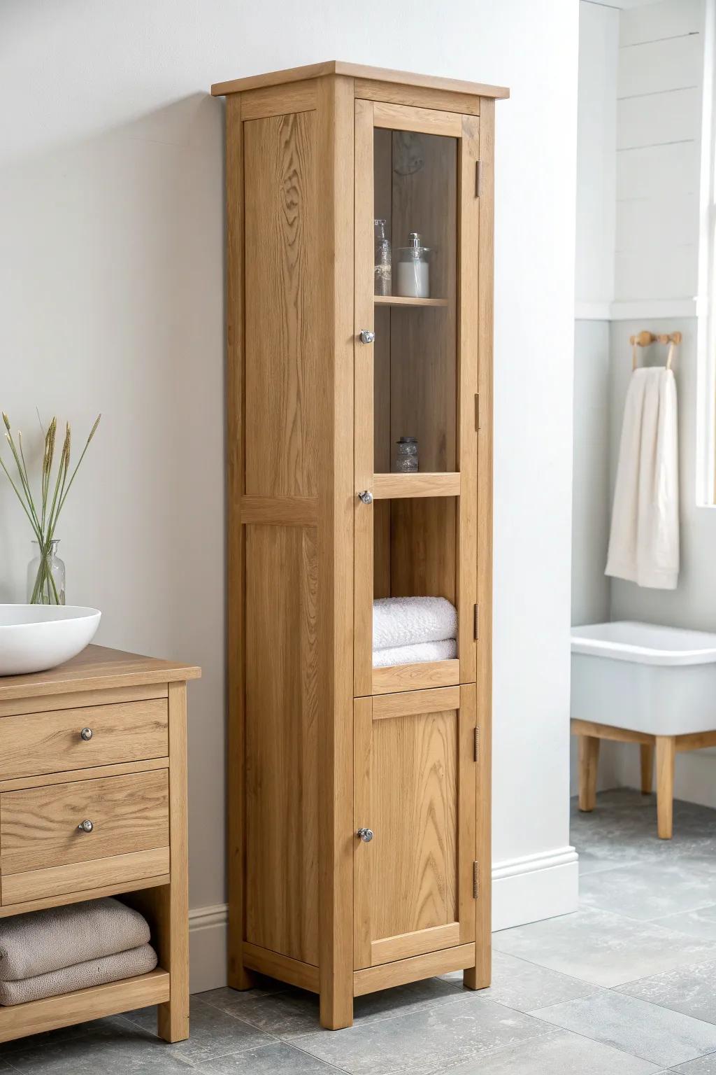 A tall oak linen tower keeps bath essentials organized—warm wood, calm lines, zero clutter.