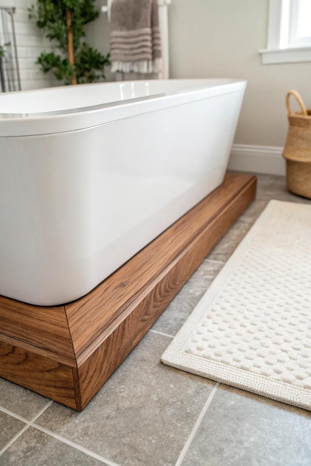 Warm walnut-stained hardwood trim makes a white tub pop against pale tile—simple, crafted contrast.