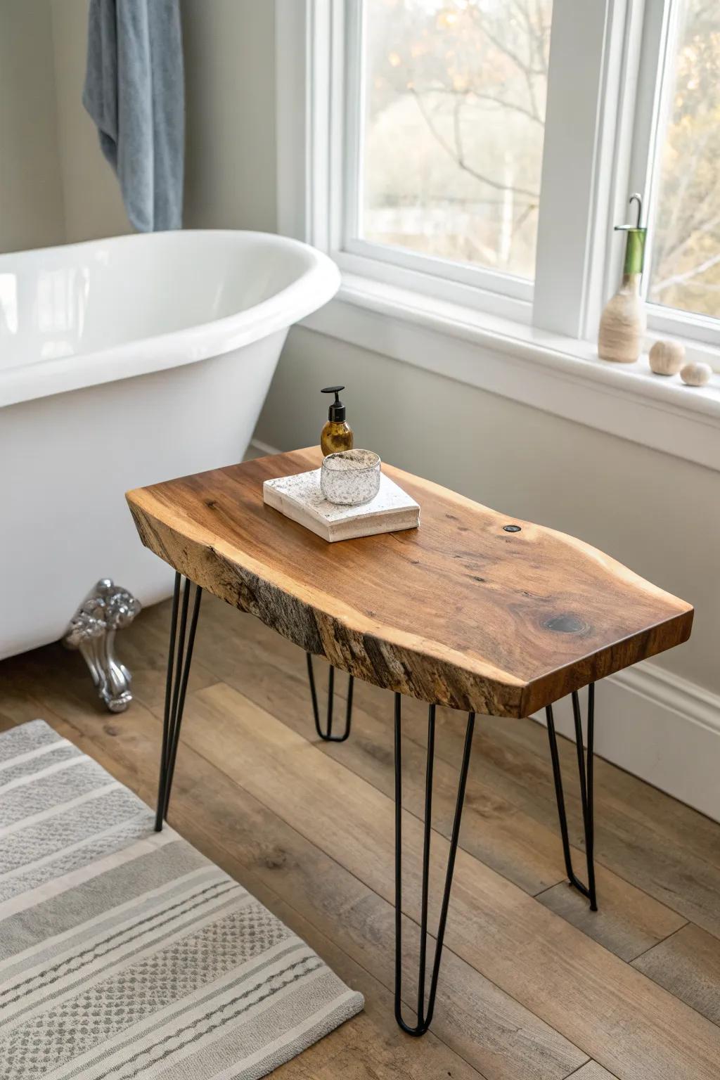 Warm live-edge bathtub side table with sleek hairpin legs—minimal, boho, and water-sealed.