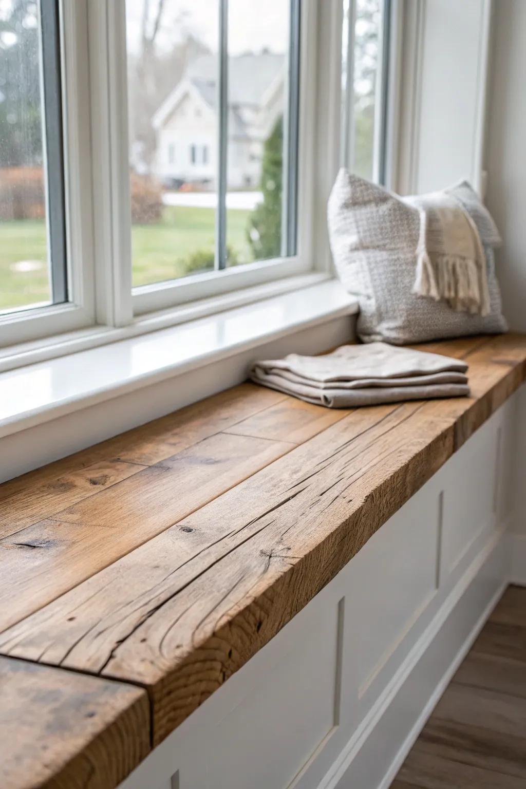 Reclaimed wood bench top with rich grain—sealed to handle sunny sips by the window.