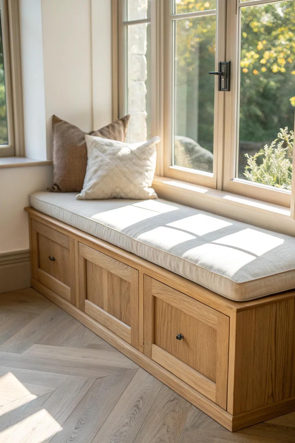 A floating-look bay window seat with a recessed toe-kick shadow for a lighter, modern nook.