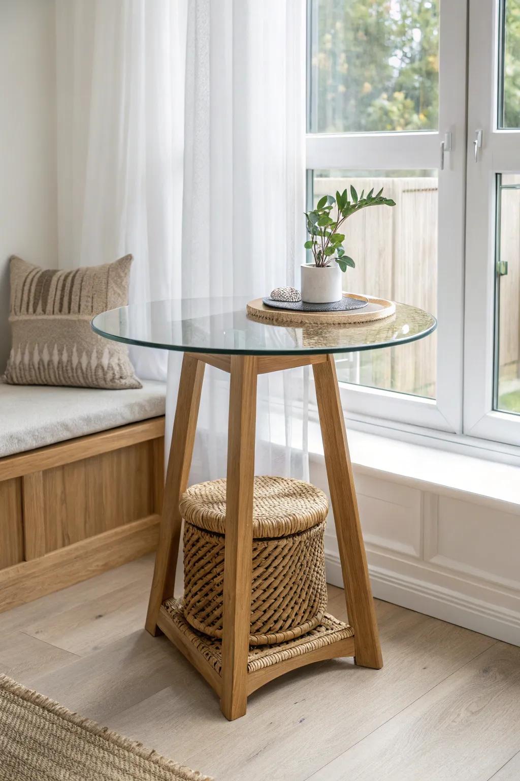 Airy bay-window table: a glass top that keeps the nook open, anchored by warm oak.